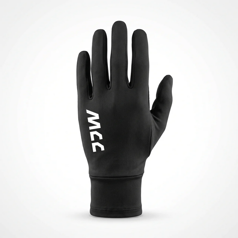 MCC 5-9 Active running gloves in black, MCC wordmark on the back of the hand, left hand