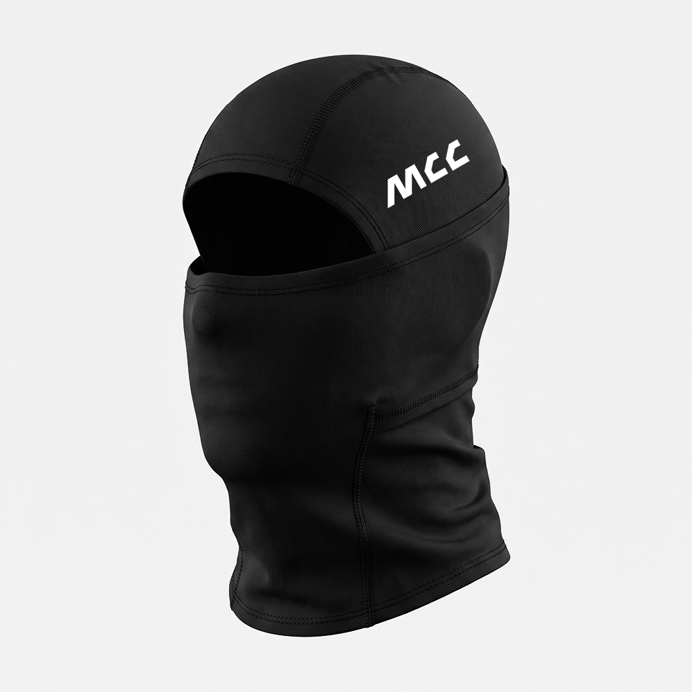 MCC 5-9 Active balaclava in black, MCC wordmark on the side, front right view