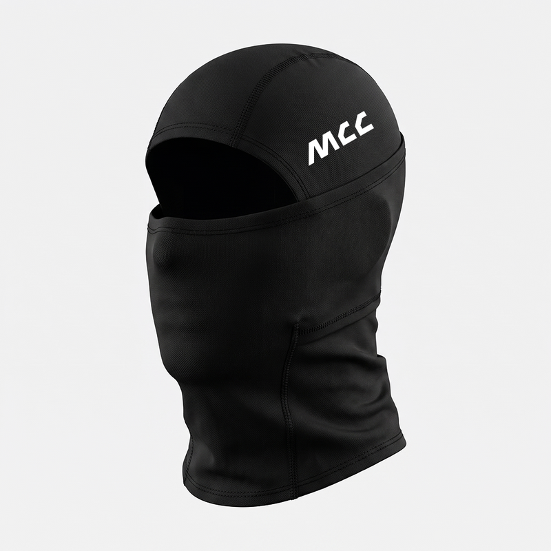 MCC 5-9 Active balaclava in black, MCC wordmark on the side, front right view