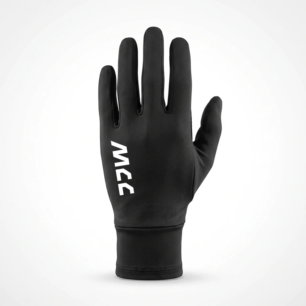 MCC 5-9 Active running gloves in black, MCC wordmark on the back of the hand, left hand