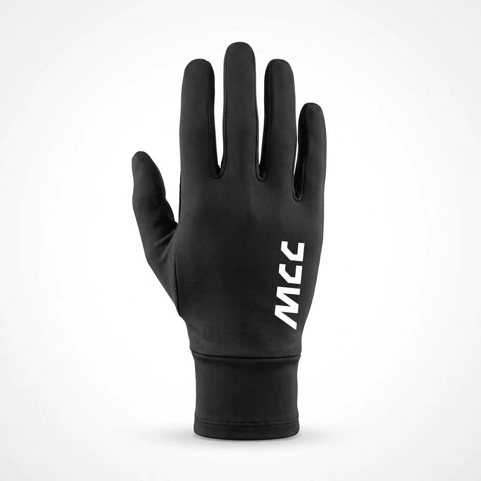 MCC 5-9 Active running gloves in black, MCC wordmark on the back of the hand, right hand