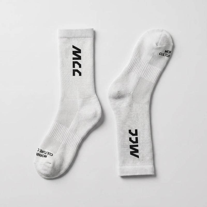MCC 5-9 Active crew socks in white with vertical MCC wordmark, pair laid flat